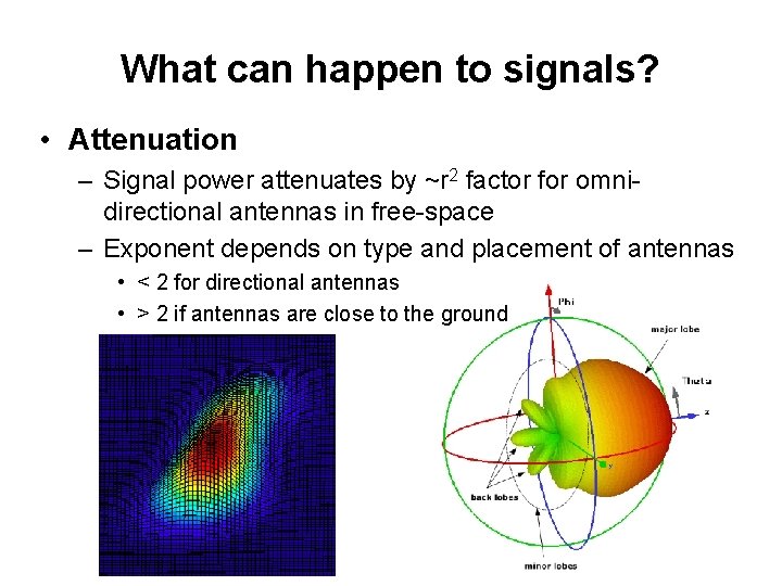What can happen to signals? • Attenuation – Signal power attenuates by ~r 2