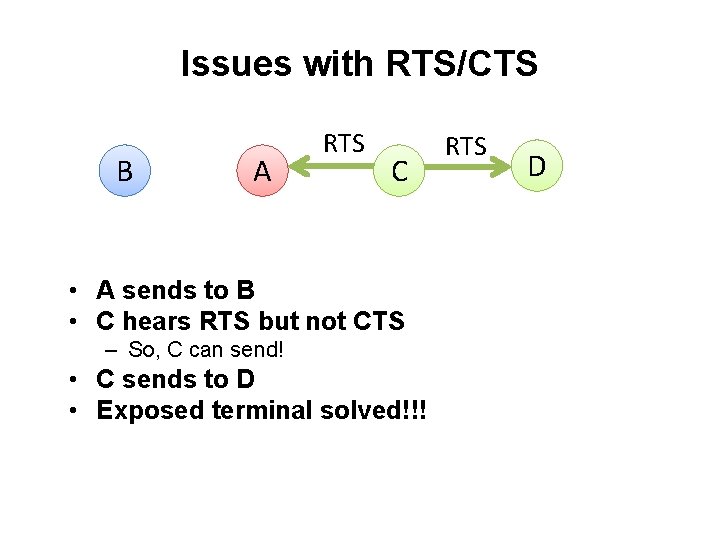 Issues with RTS/CTS B A RTS C • A sends to B • C