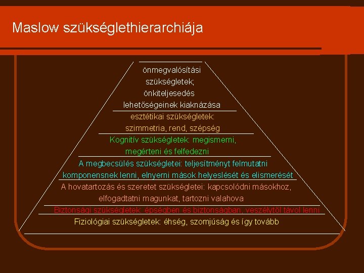 Maslow szükséglethierarchiája önmegvalósítási szükségletek; önkiteljesedés lehetőségeinek kiaknázása esztétikai szükségletek: szimmetria, rend, szépség Kognitív szükségletek: