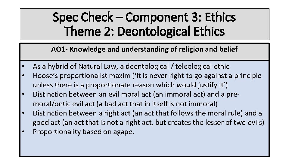 Spec Check – Component 3: Ethics Theme 2: Deontological Ethics AO 1 - Knowledge