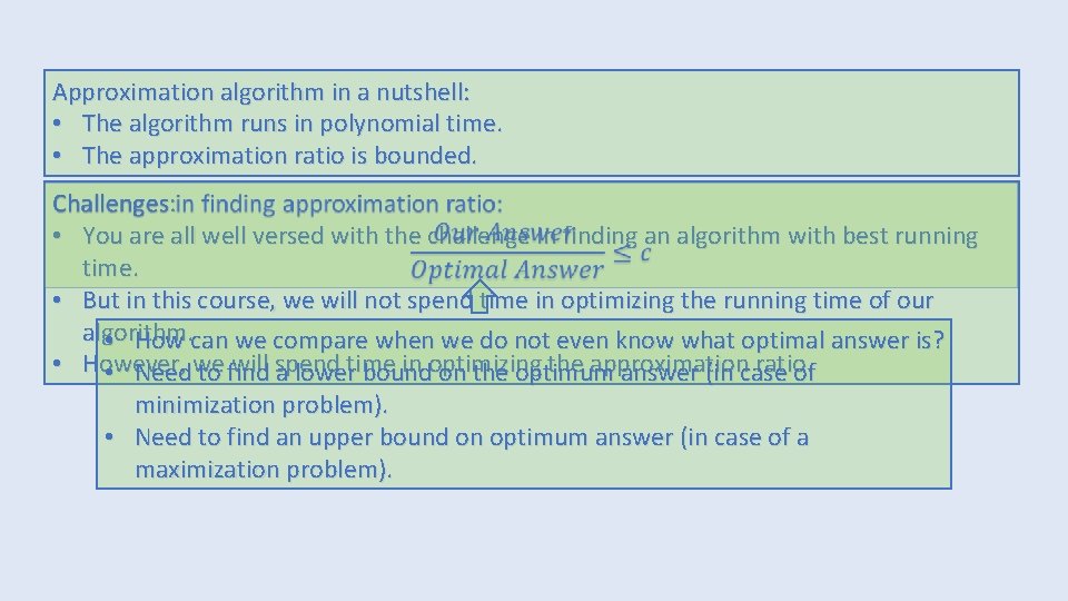 Approximation algorithm in a nutshell: • The algorithm runs in polynomial time. • The