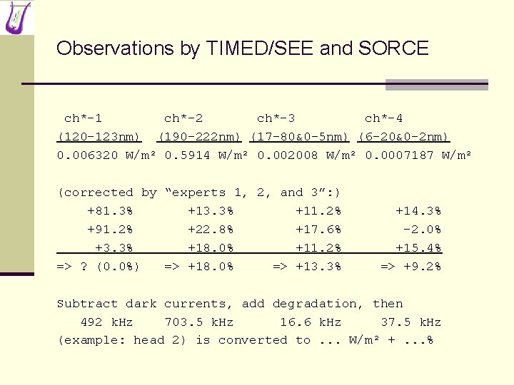 Observations by TIMED/SEE and SORCE ch*-1 ch*-2 ch*-3 ch*-4 (120 -123 nm) (190 -222