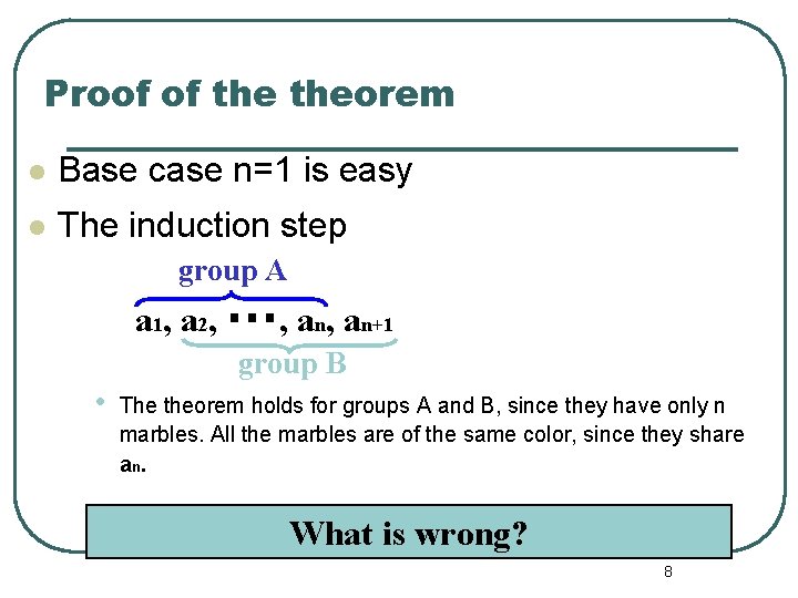 Proof of theorem l Base case n=1 is easy l The induction step group