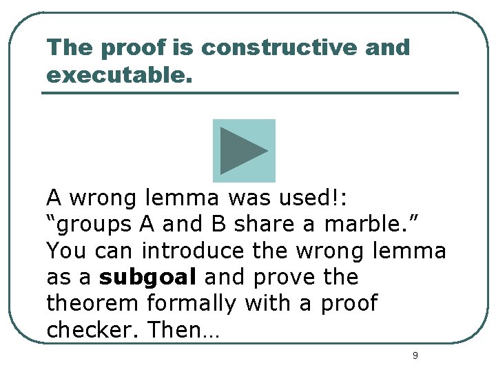 The proof is constructive and executable. A wrong lemma was used!: “groups A and