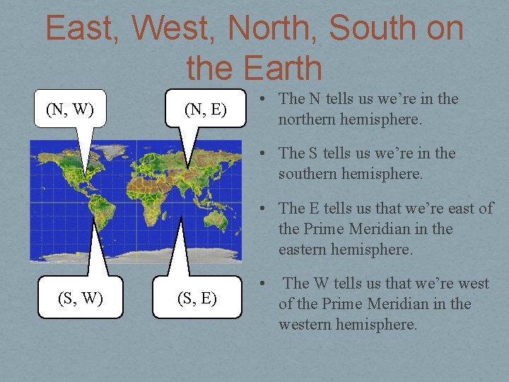 East, West, North, South on the Earth (N, W) (N, E) • The N