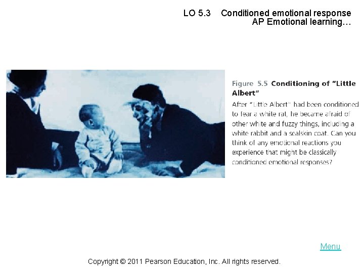 LO 5. 3 Conditioned emotional response AP Emotional learning… Menu Copyright © 2011 Pearson