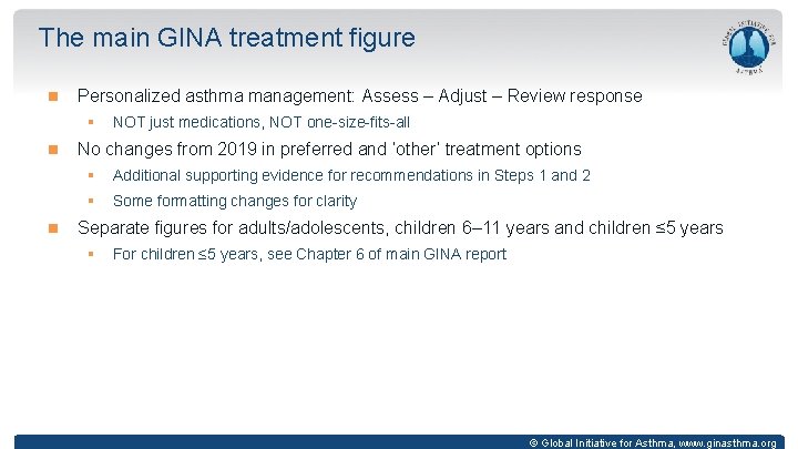 The main GINA treatment figure Personalized asthma management: Assess – Adjust – Review response