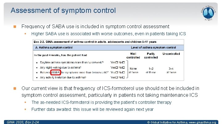 Assessment of symptom control Frequency of SABA use is included in symptom control assessment
