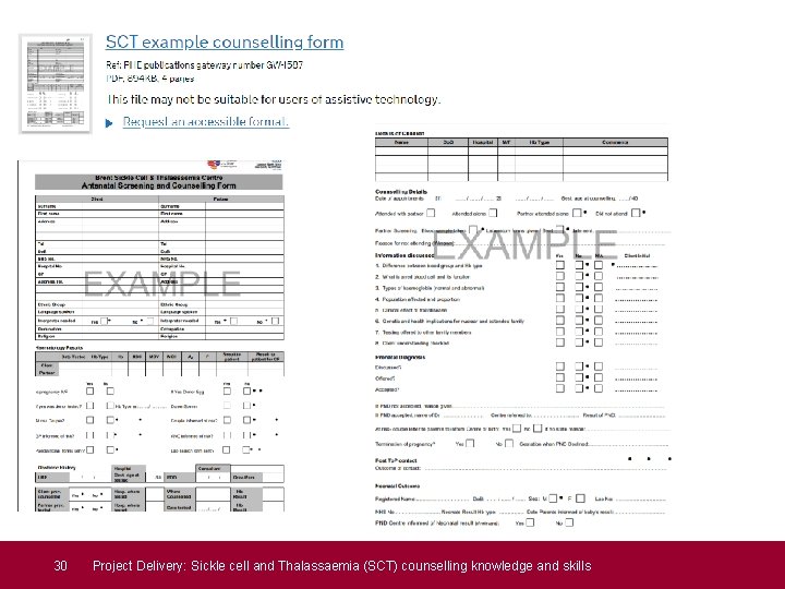 30 Project Delivery: Sickle cell and Thalassaemia (SCT) counselling knowledge and skills  30 Project Delivery: Sickle cell and Thalassaemia (SCT) counselling knowledge and skills