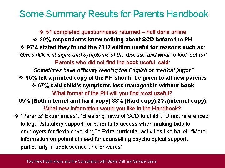 Some Summary Results for Parents Handbook v 51 completed questionnaires returned – half done Some Summary Results for Parents Handbook v 51 completed questionnaires returned – half done
