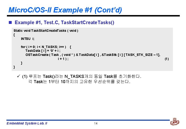 Micro. C/OS-II Example #1 (Cont’d) n Example #1, Test. C, Task. Start. Create. Tasks()
