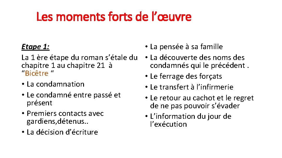 Les moments forts de l’œuvre Etape 1: La 1 ère étape du roman s’étale