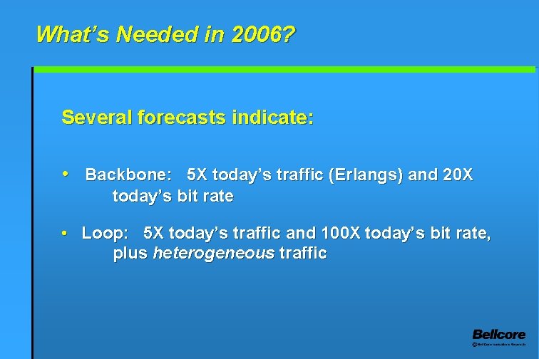 What’s Needed in 2006? Several forecasts indicate: • Backbone: 5 X today’s traffic (Erlangs)
