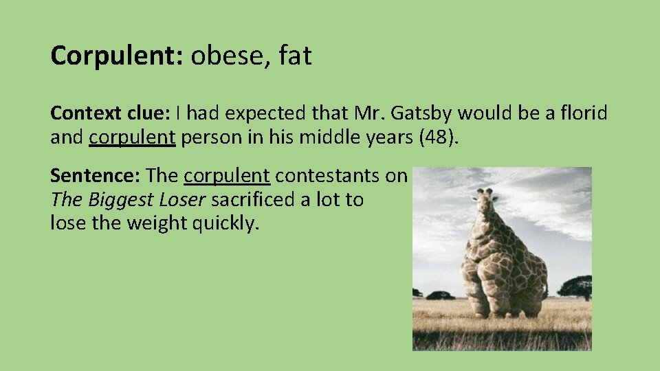 Corpulent: obese, fat Context clue: I had expected that Mr. Gatsby would be a