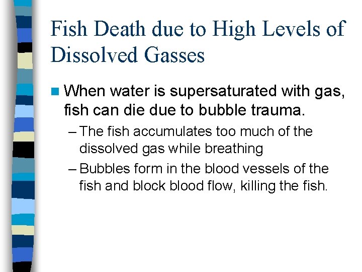 Fish Death due to High Levels of Dissolved Gasses n When water is supersaturated