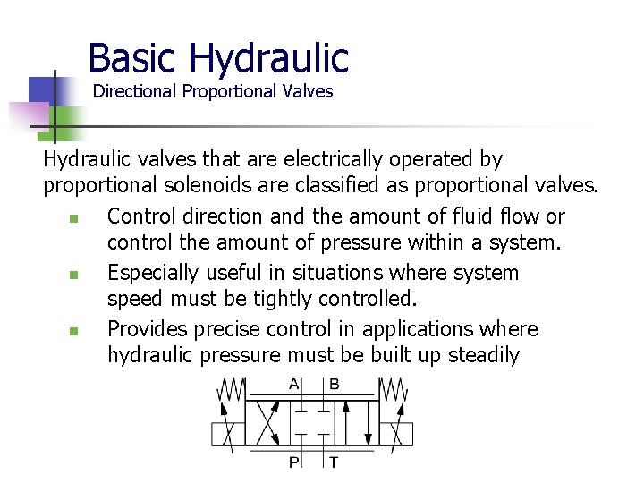 Basic Hydraulic Directional Proportional Valves Hydraulic valves that are electrically operated by proportional solenoids