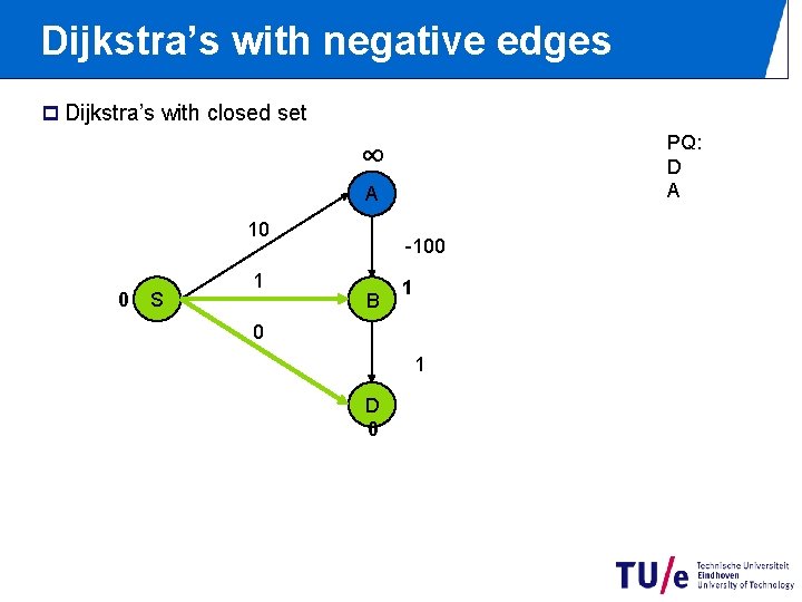 Dijkstra’s with negative edges p Dijkstra’s with closed set PQ: D A ∞ A