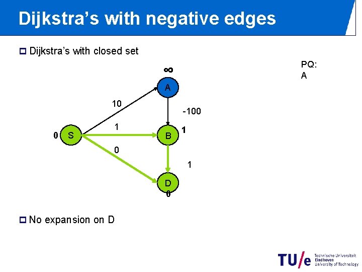 Dijkstra’s with negative edges p Dijkstra’s with closed set PQ: A ∞ A 10