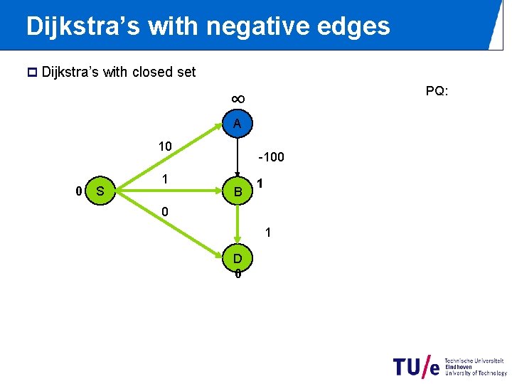 Dijkstra’s with negative edges p Dijkstra’s with closed set PQ: ∞ A 10 0