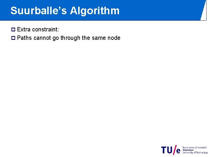 Suurballe’s Algorithm p Extra constraint: p Paths cannot go through the same node 