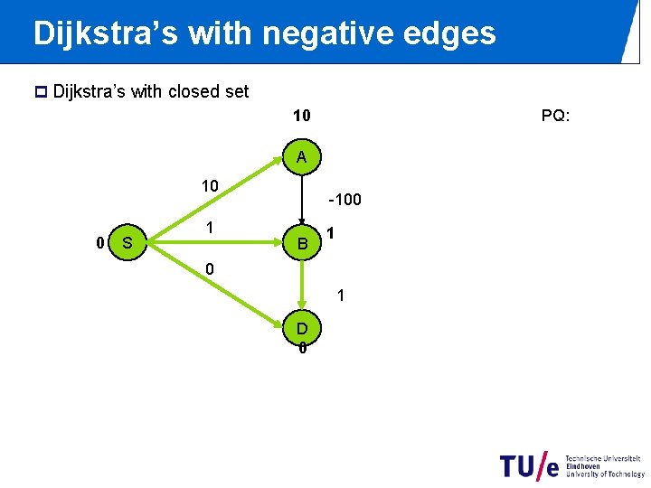 Dijkstra’s with negative edges p Dijkstra’s with closed set 10 PQ: A 10 0