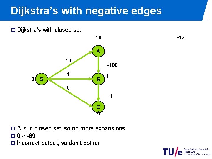 Dijkstra’s with negative edges p Dijkstra’s with closed set 10 PQ: A 10 0