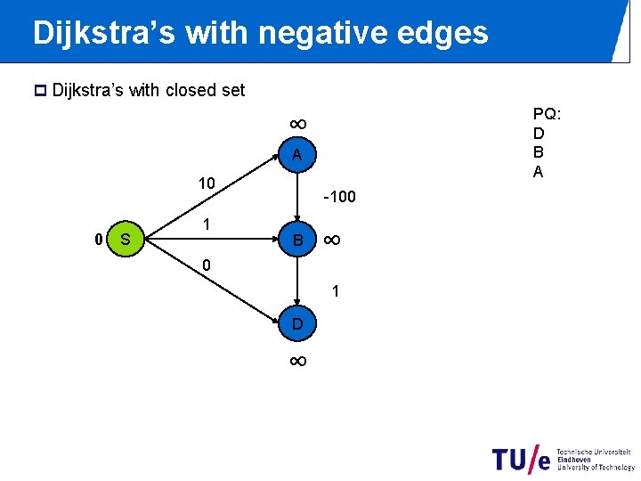 Dijkstra’s with negative edges p Dijkstra’s with closed set PQ: D B A ∞