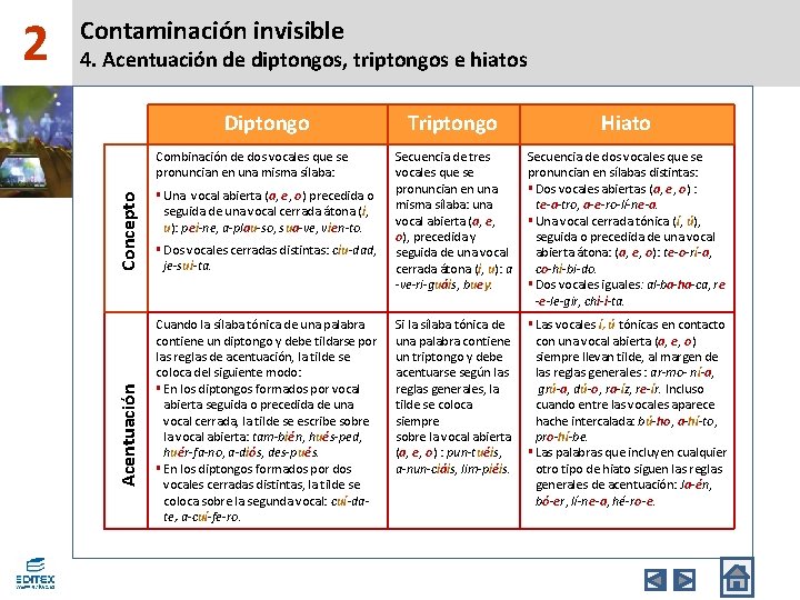 4. Acentuación de diptongos, triptongos e hiatos Diptongo Concepto Combinación de dos vocales que