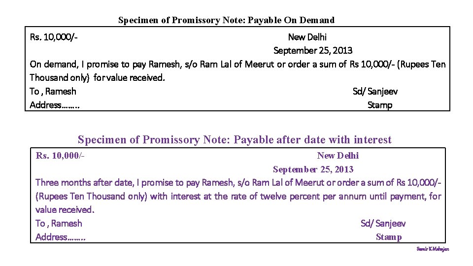 Specimen of Promissory Note: Payable On Demand Rs. 10, 000/- New Delhi September 25,