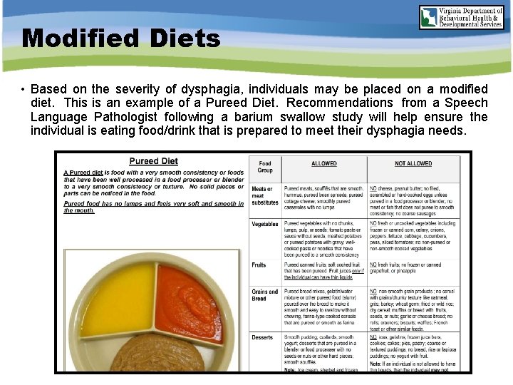 Modified Diets • Based on the severity of dysphagia, individuals may be placed on