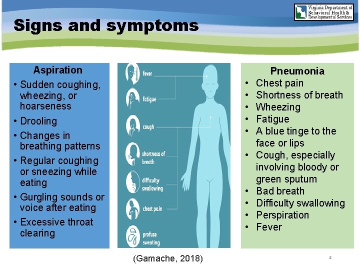 Signs and symptoms • • • Aspiration Sudden coughing, wheezing, or hoarseness Drooling Changes