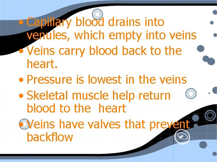  • Capillary blood drains into venules, which empty into veins • Veins carry