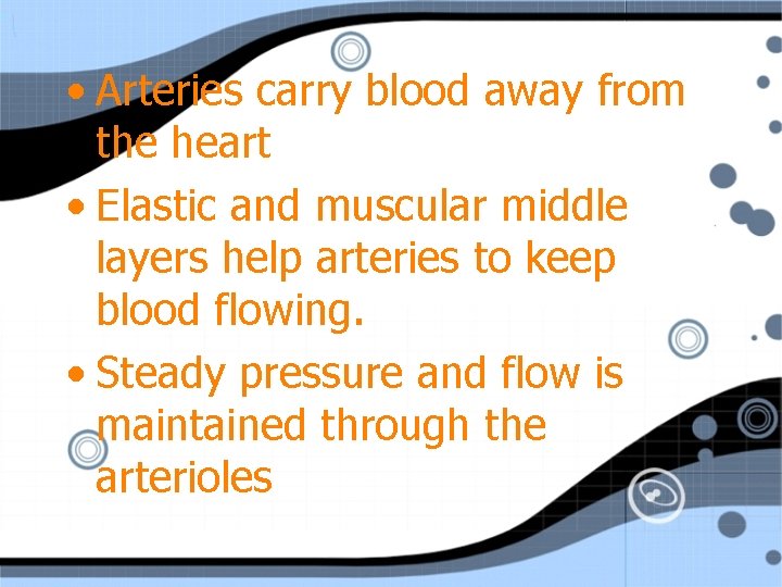  • Arteries carry blood away from the heart • Elastic and muscular middle