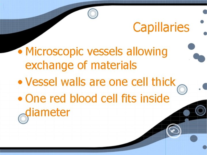 Capillaries • Microscopic vessels allowing exchange of materials • Vessel walls are one cell