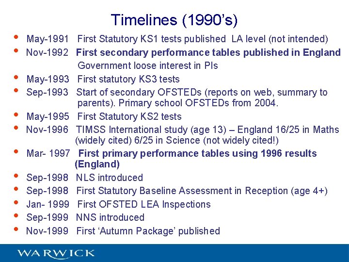  • • • Timelines (1990’s) May-1991 First Statutory KS 1 tests published LA