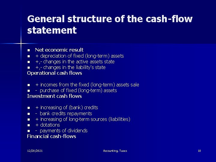 General structure of the cash-flow statement Net economic result n + depreciation of fixed