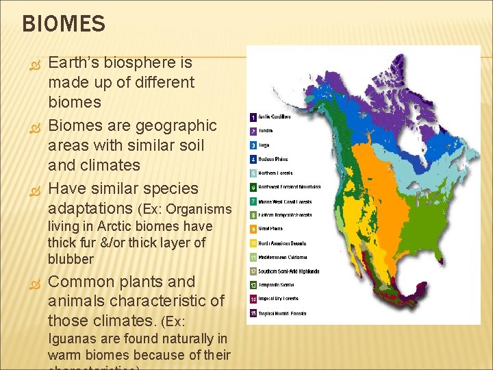 BIOMES Earth’s biosphere is made up of different biomes Biomes are geographic areas with