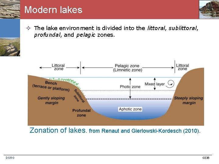 Modern lakes v The lake environment is divided into the littoral, sublittoral, profundal, and