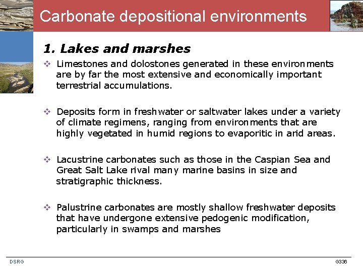 Carbonate depositional environments 1. Lakes and marshes v Limestones and dolostones generated in these
