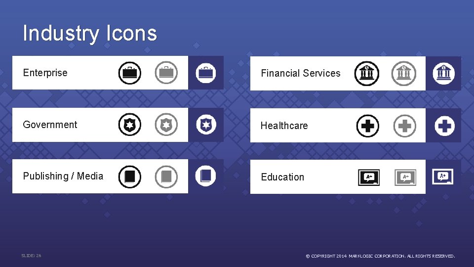 Industry Icons Enterprise Financial Services Government Healthcare Publishing / Media Education SLIDE: 26 ©