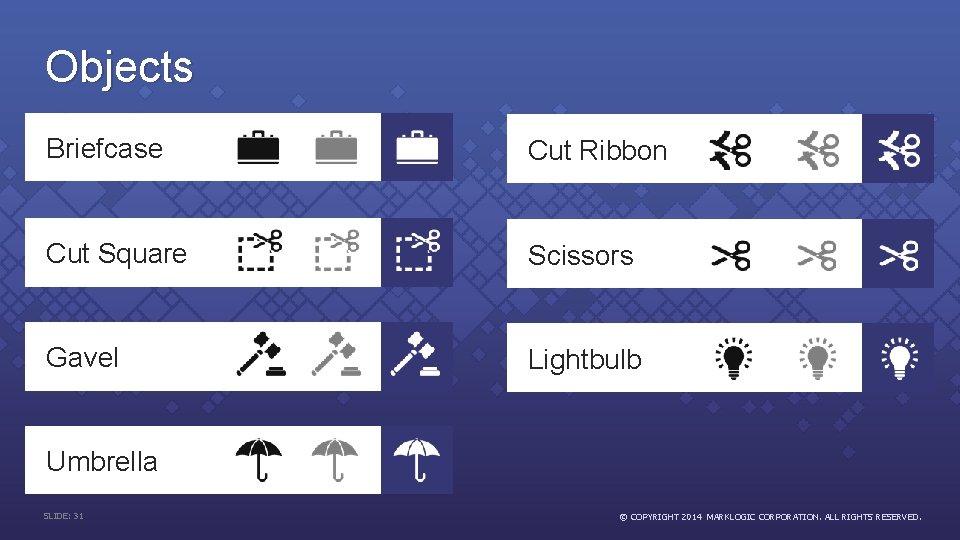 Objects Briefcase Cut Ribbon Cut Square Scissors Gavel Lightbulb Umbrella SLIDE: 31 © COPYRIGHT