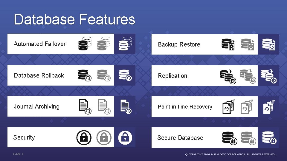 Database Features Automated Failover Backup Restore Database Rollback Replication Journal Archiving Point-in-time Recovery Security