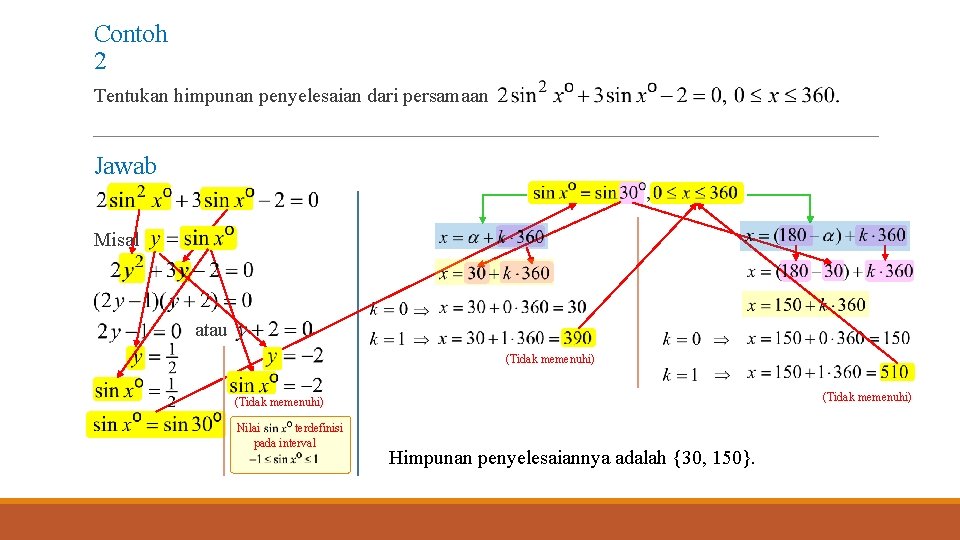 Contoh 2 Tentukan himpunan penyelesaian dari persamaan Jawab Misal atau (Tidak memenuhi) terdefinisi Nilai