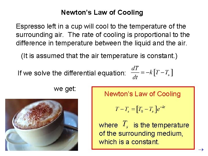 Newton’s Law of Cooling Espresso left in a cup will cool to the temperature