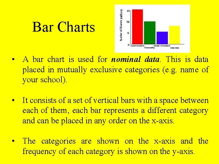Bar Charts • A bar chart is used for nominal data. This is data