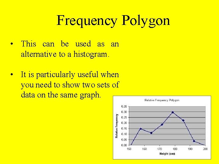 Frequency Polygon • This can be used as an alternative to a histogram. •