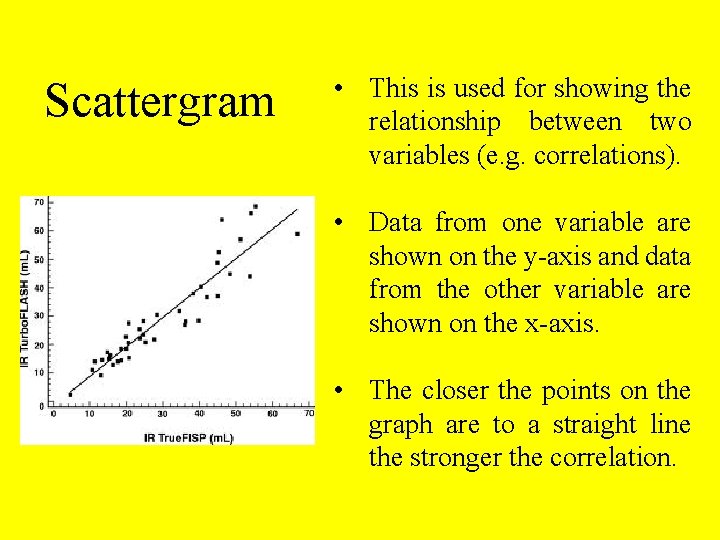 Scattergram • This is used for showing the relationship between two variables (e. g.