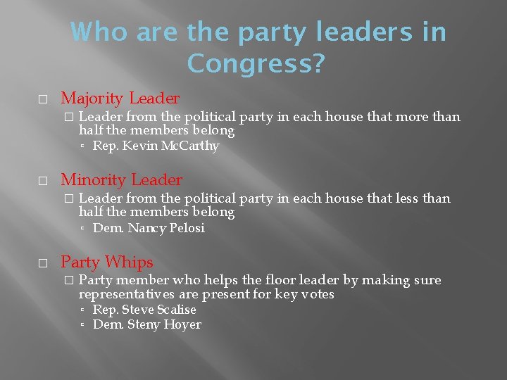 Who are the party leaders in Congress? � Majority Leader � Leader from the