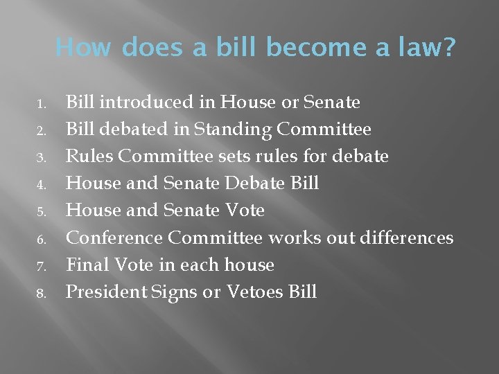 How does a bill become a law? 1. 2. 3. 4. 5. 6. 7.