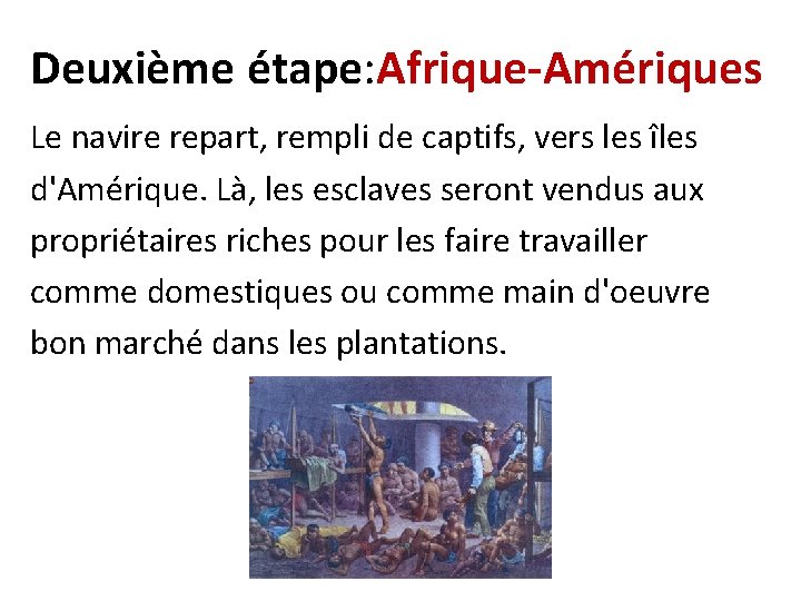 Deuxième étape: Afrique-Amériques Le navire repart, rempli de captifs, vers les îles d'Amérique. Là,